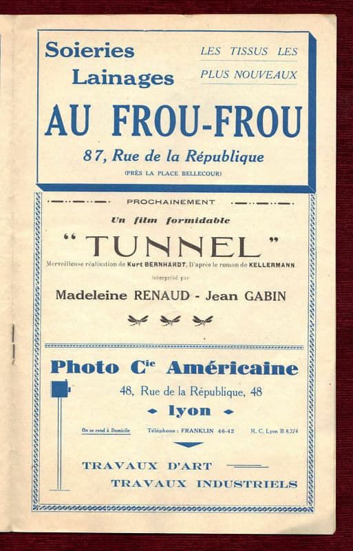 Scala Cinema Lyon Program Tunnel Bernhardt Madeleine Renaud Gabin 1933 Casanova - Image 2