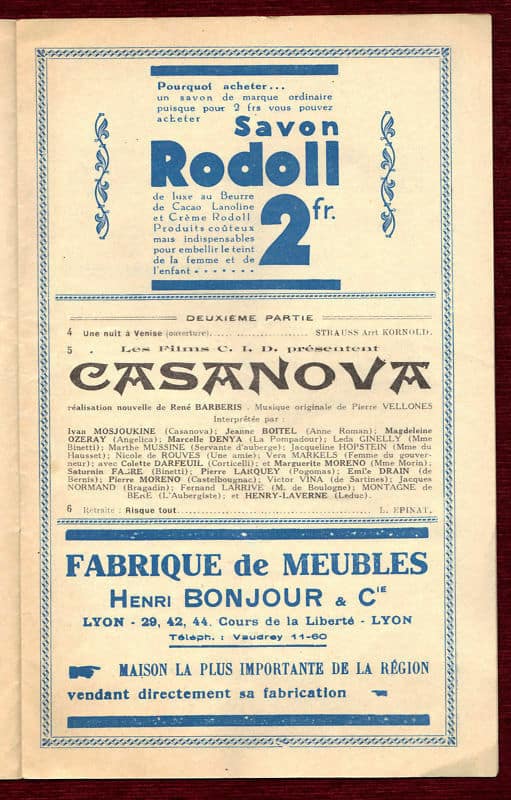 Scala Cinema Lyon Program Tunnel Bernhardt Madeleine Renaud Gabin 1933 Casanova - Image 3