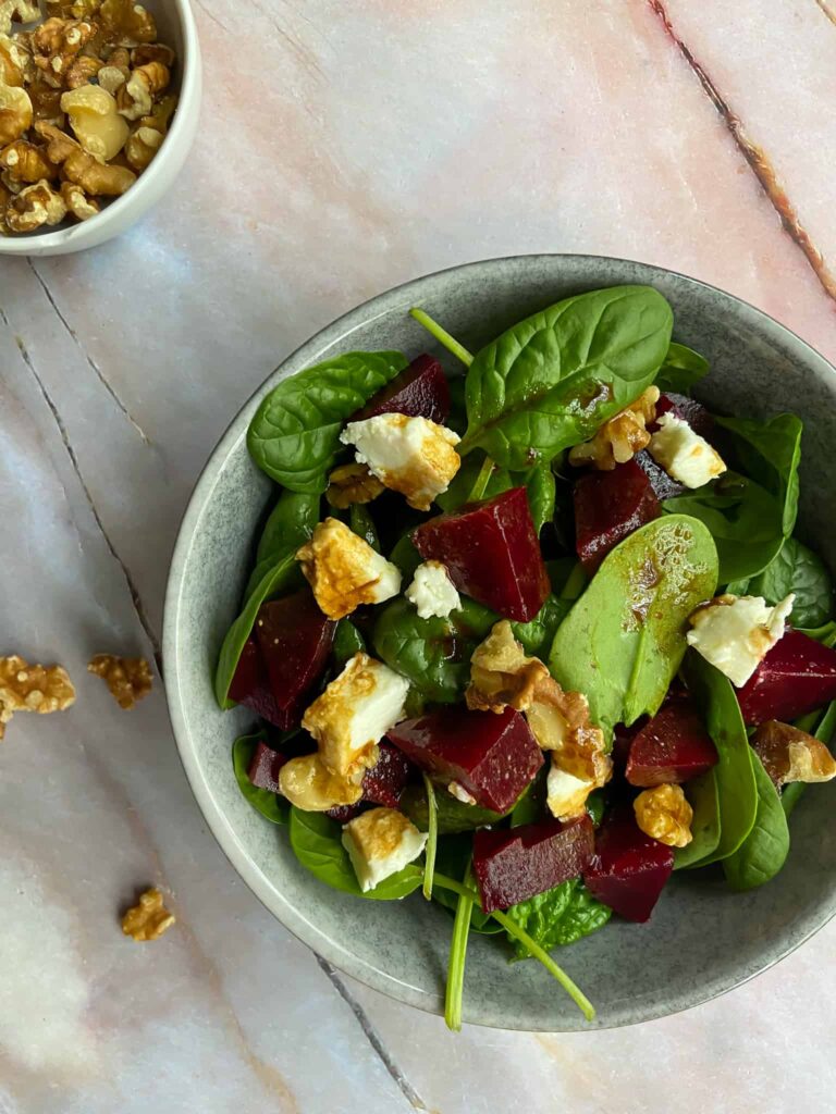 overhead view of beetroot goat cheese salad