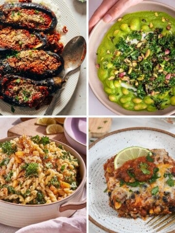 Collage showing four different high-fibre recipes: stuffed eggplant, super green beans, high protein pasta and quiona casserole.