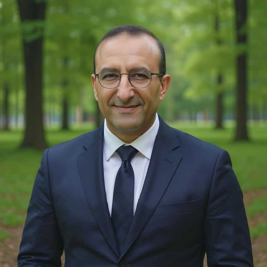 Professional man in suit outdoors for business profile image.