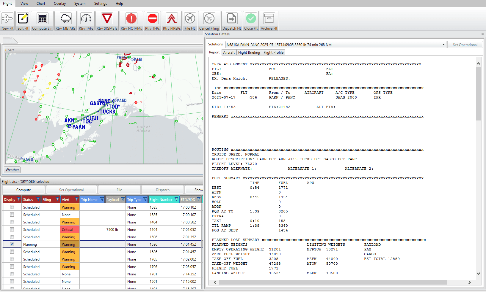 Aircraft scheduling and flight management software interface featuring real-time flight tracking and routing.