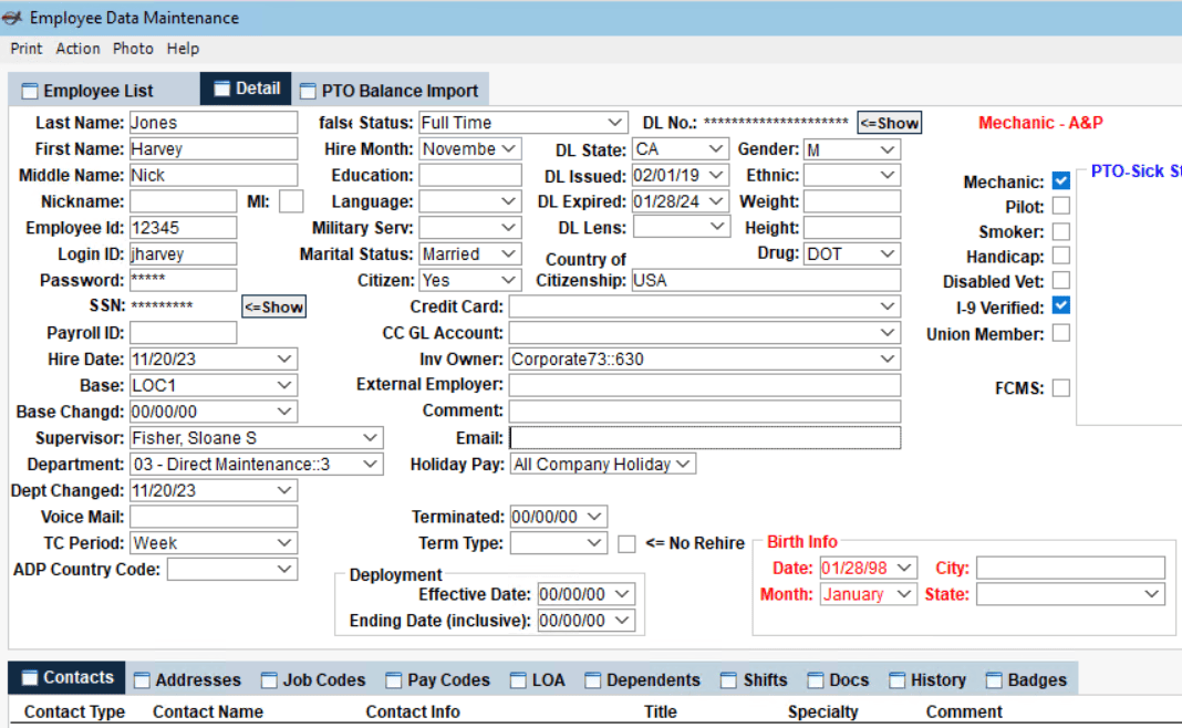 Employee scheduling software interface showcasing employee data management in SkedFlex platform.