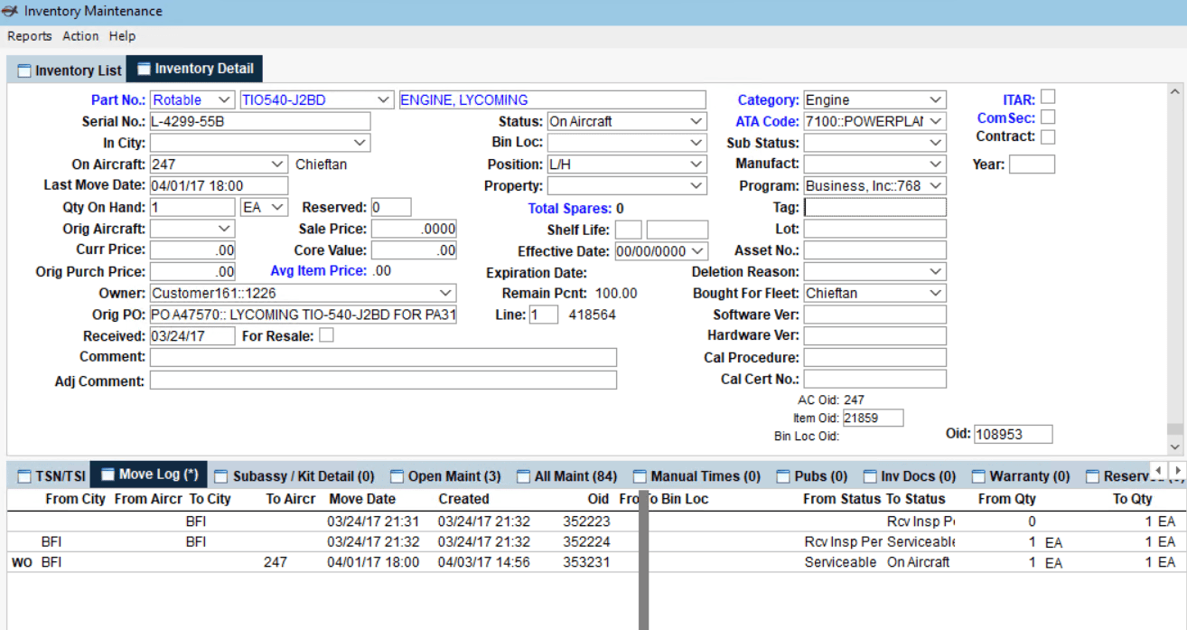 Aircraft inventory management system screenshot from SkedFlex platform.