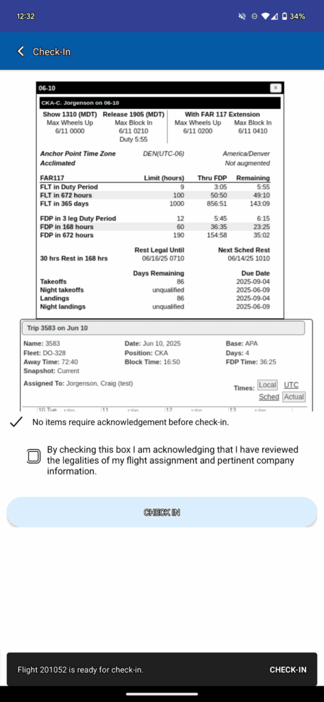 1. Flight check-in screen with flight details and scheduling for aviation workforce management.
