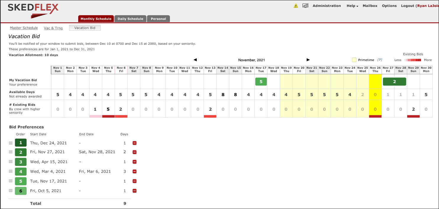 Flexible employee scheduling software interface for managing vacation bids and availability.