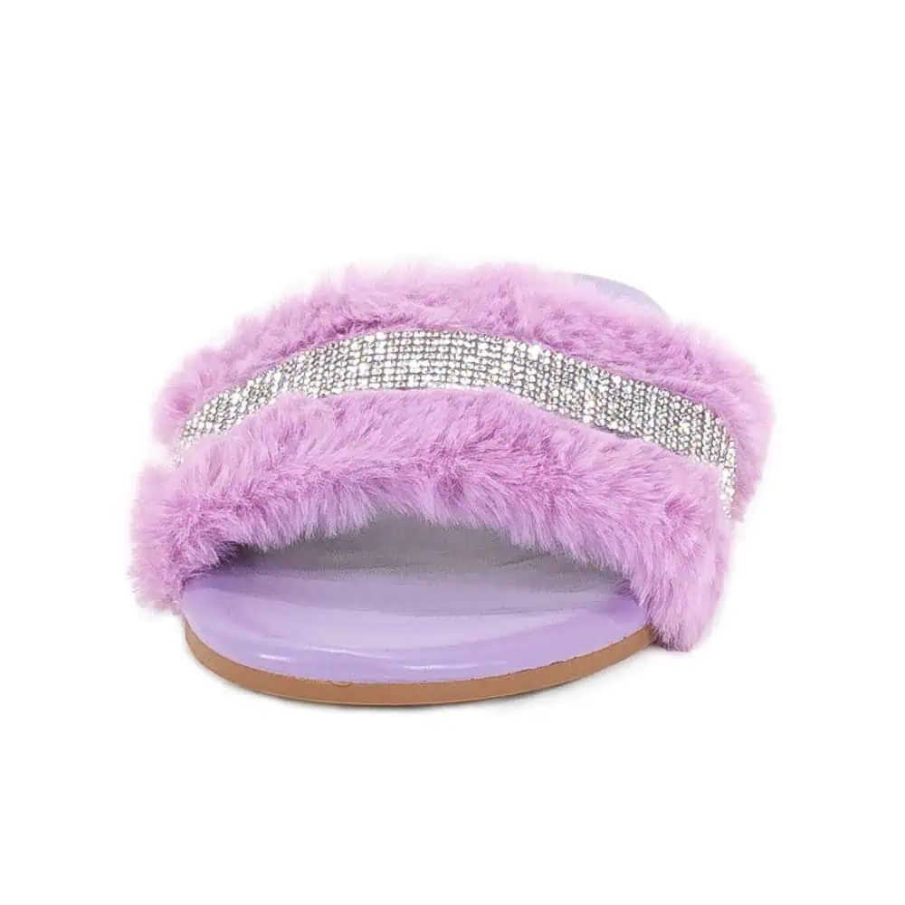 front view of the Lilac Sequined Fluffy Faux Fur Slipper