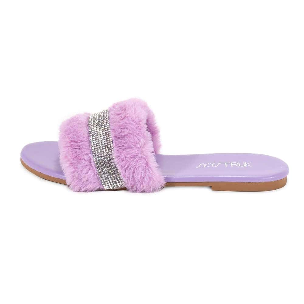 outer side view of the Lilac Sequined Fluffy Faux Fur Slipper