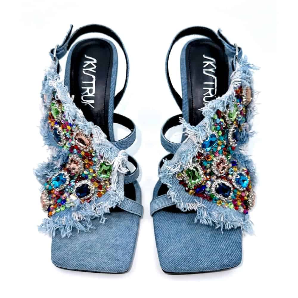 front view ofThe Doris Sailor Denim Stiletto with Colorful Diamonds