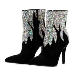 Black suede high-heel boot with crystals