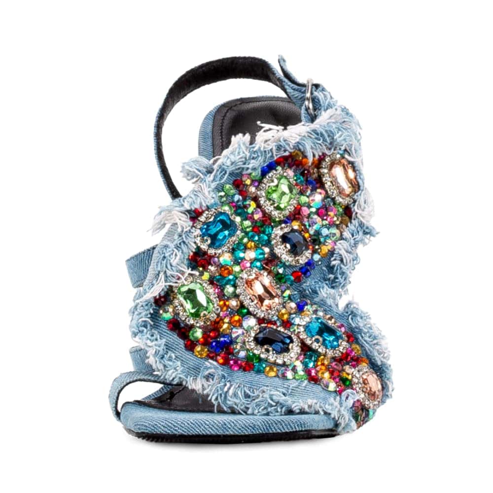 front view of diamond heel on the The Doris Sailor Denim Stiletto with Colorful Diamonds