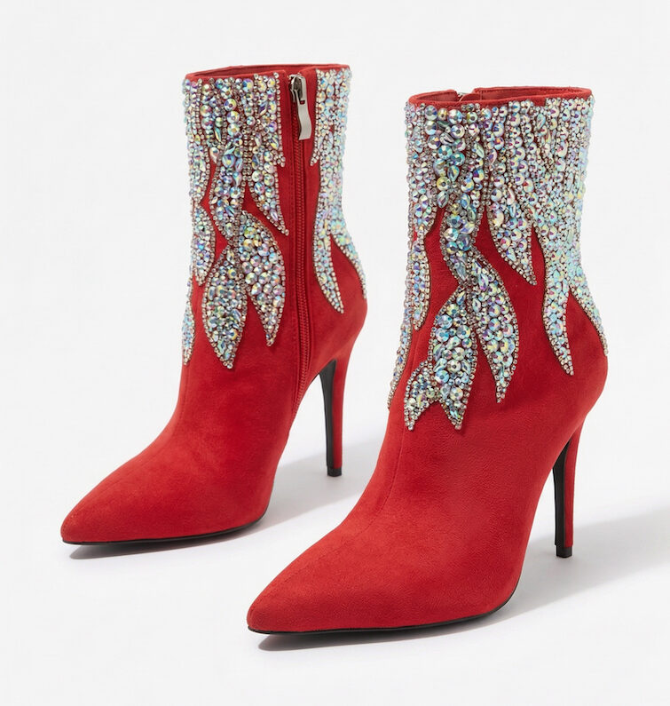 Momoo Classic Red Suede High-Heel Boot With Crystals