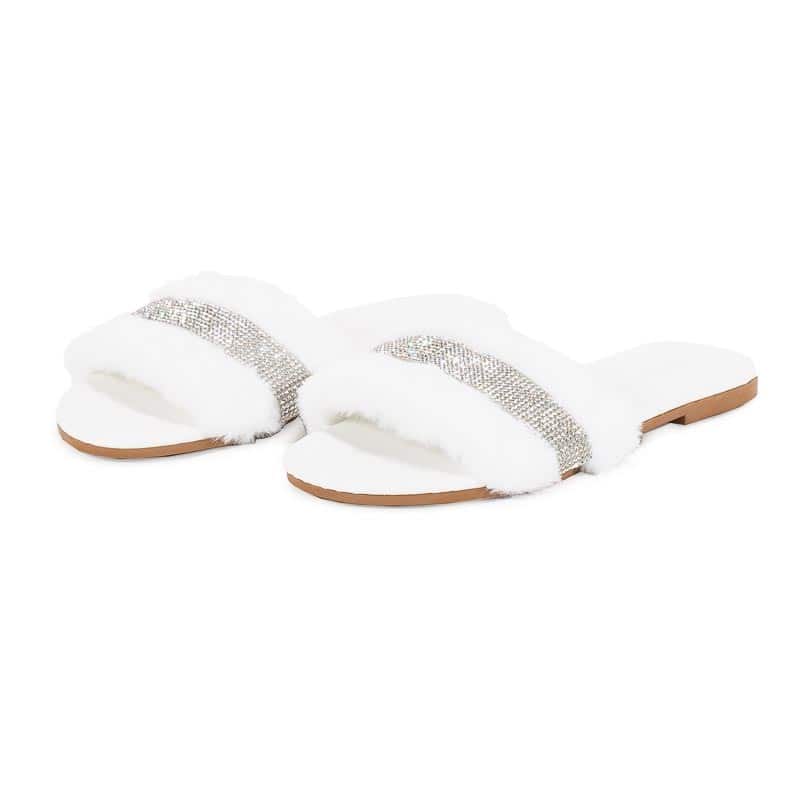 White Sequined Fluffy Faux Fur Slipper