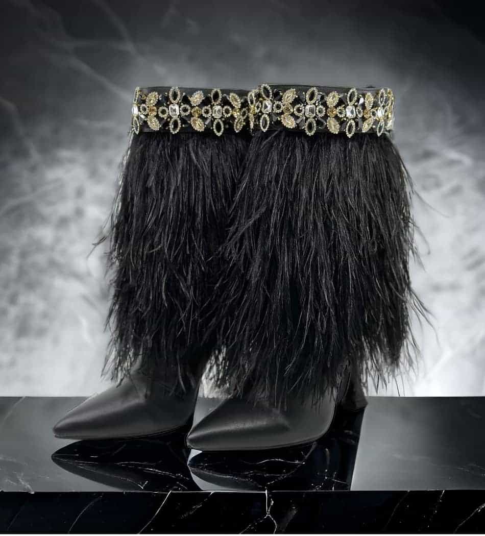 both feet The Foxy Black Leather Stiletto Boot with Premium Feathers