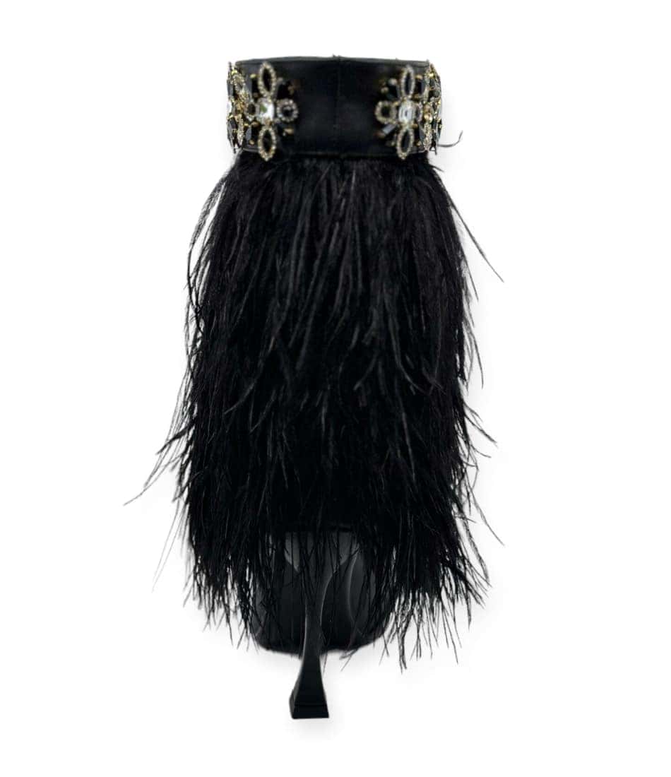 back view of The Foxy Black Leather Stiletto Boot with Premium Feathers