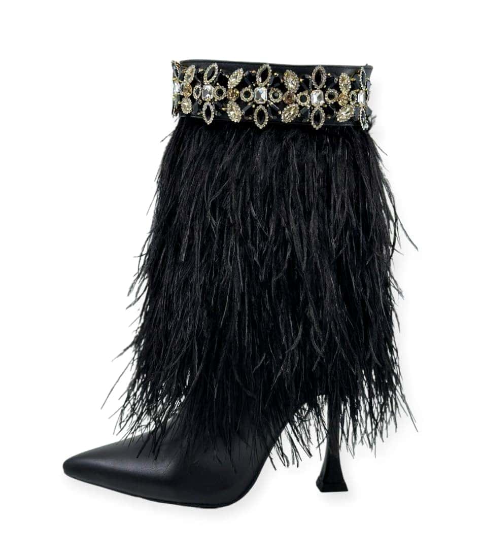 side view of the Foxy Black Leather Stiletto Boot with Premium Feathers