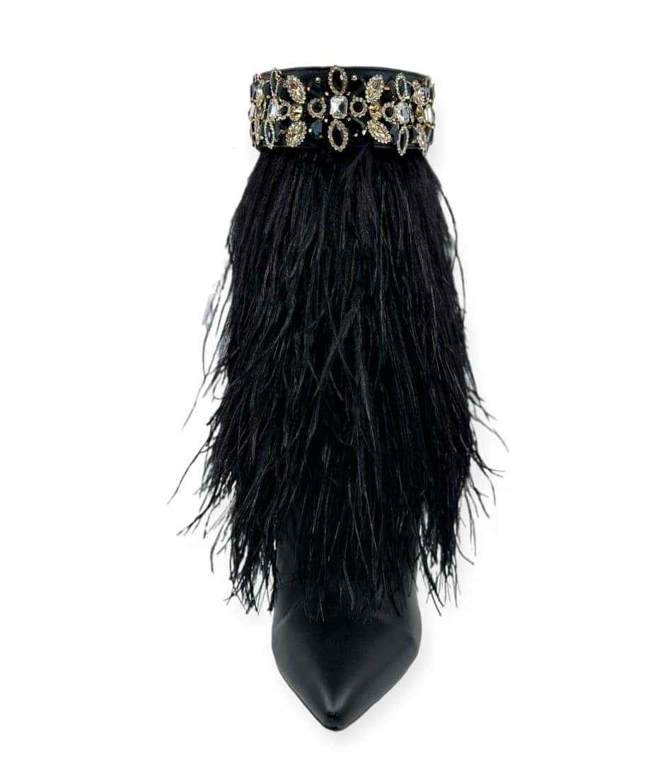 front view of The Foxy Black Leather Stiletto Boot with Premium Feathers