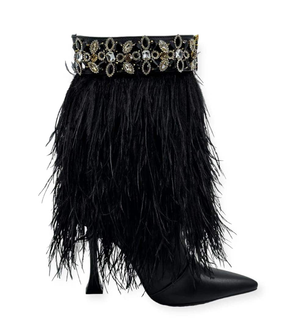 side view of the The Foxy Black Leather Stiletto Boot with Premium Feathers