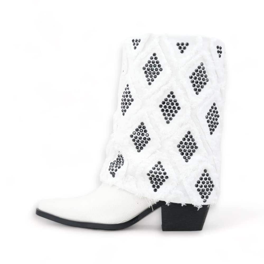 Gram Glam White Denim Boot and Black Crystal Diamonds