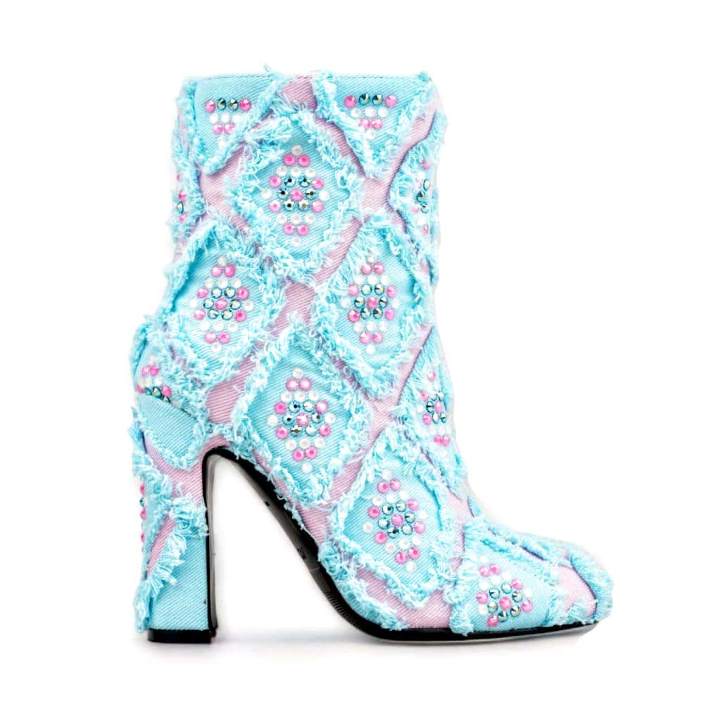Gram Glam Teal Denim Boot with Multi-Color Crystal Diamonds
