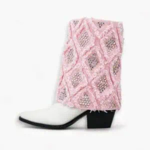 Gram Glam Pink and White Denim Boot With Crystals