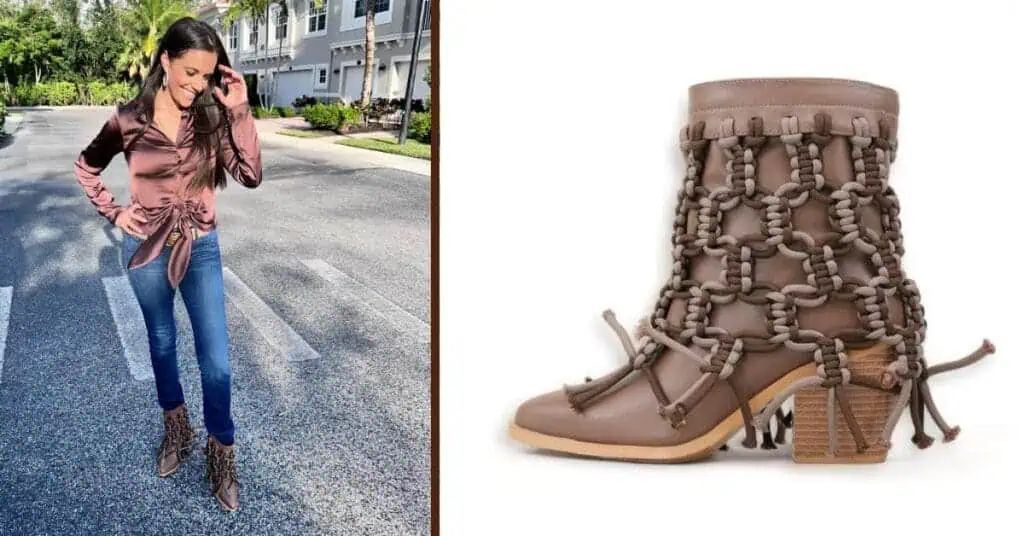 Model wearing brown boots and image of SkyStruk  hand braided boot