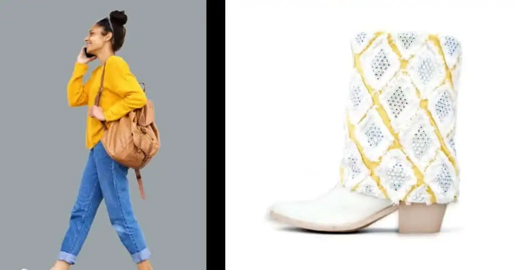 young black woman walking with phone and backpack and a white with yellow and gold sparkle boot