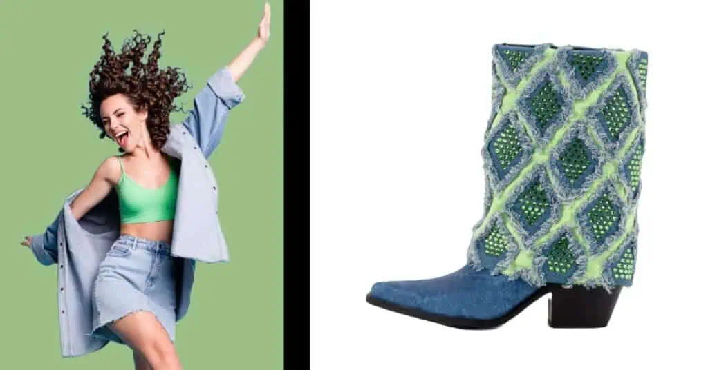 happy girl in denim skirt and jacket with short t and a blue denim with green crystal diamond glitter boot
