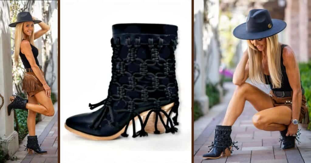model with suede fringe shorts a top and hat and a black leather hand braided boot with tan block heel