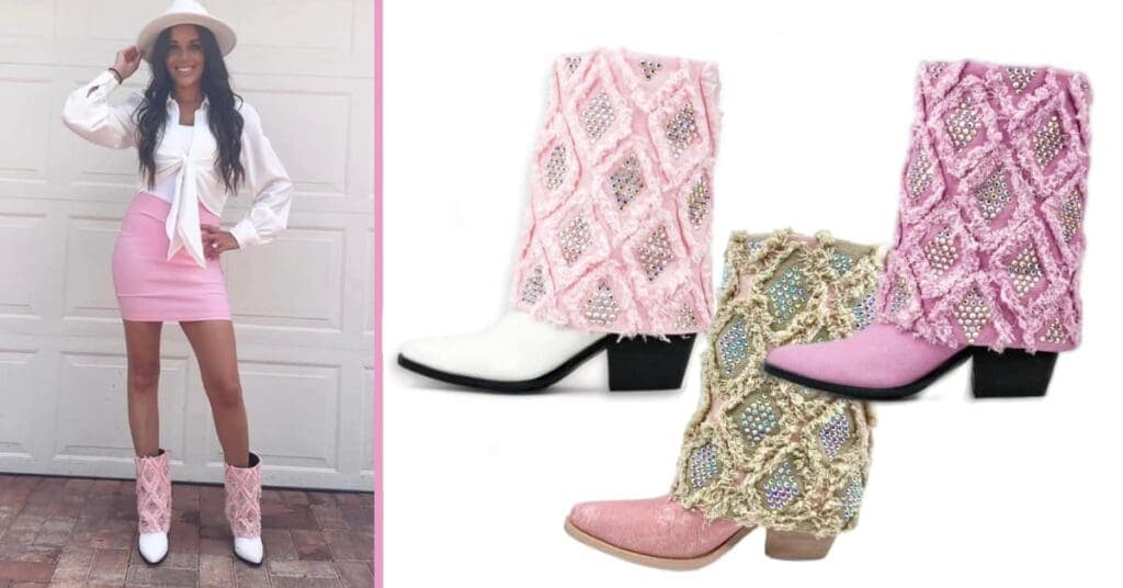 a girl with pink and white boots short skirt top and hat along with 3 pink color variations of boots