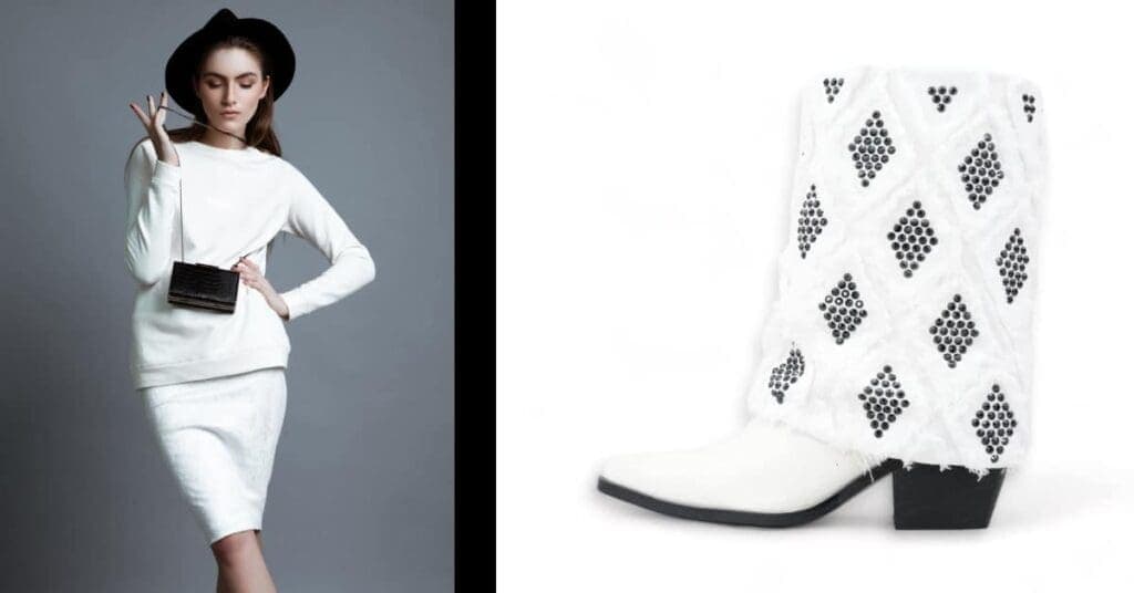 woman in sweter skirt and top with hat and pocketbook with a white and black boot with black crystals