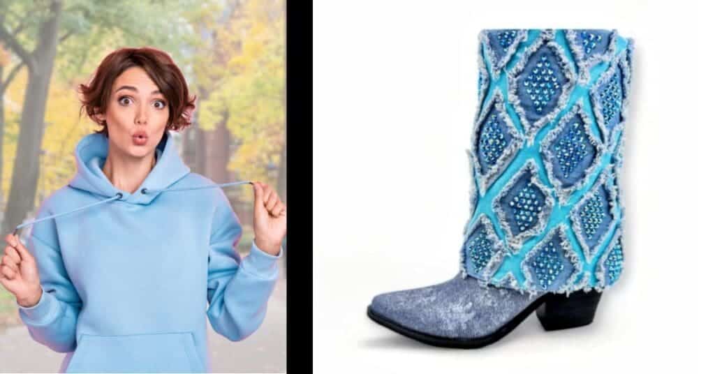 girl in hooded sweatshirt and denim cuff boot with crystals
