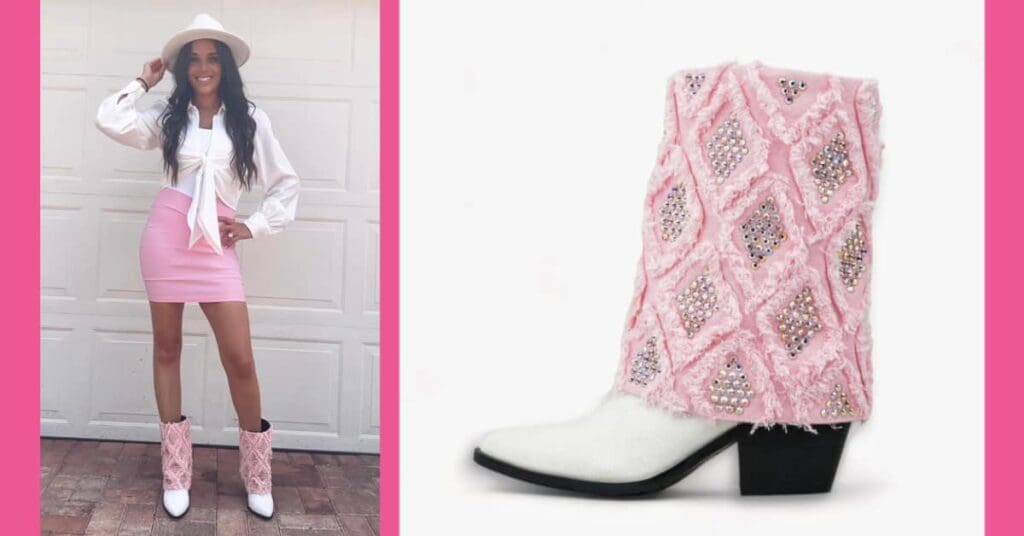 girl wearing a short skirt blouse and hat with cuffed boots with crystals