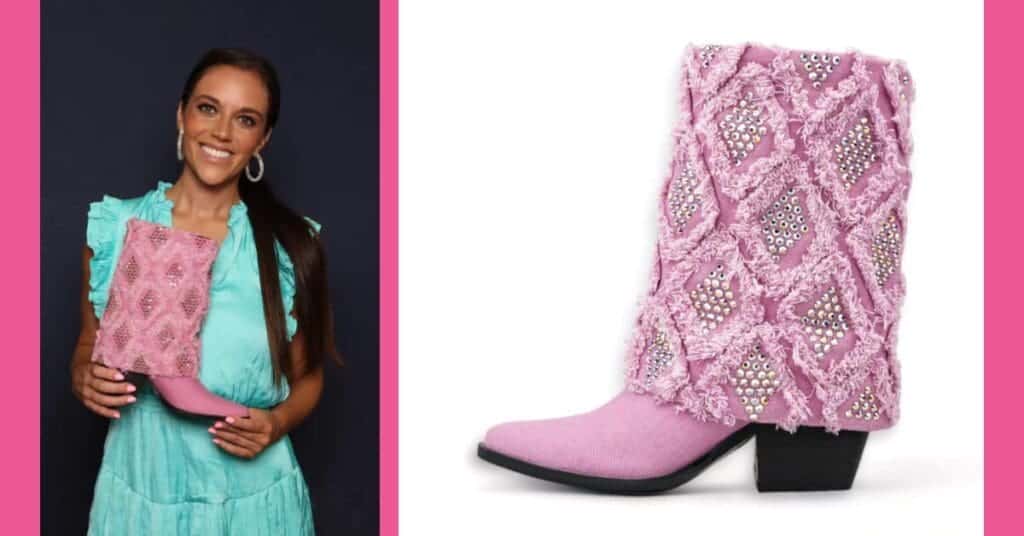 girl holding cowboy boot with cuffs and crystals