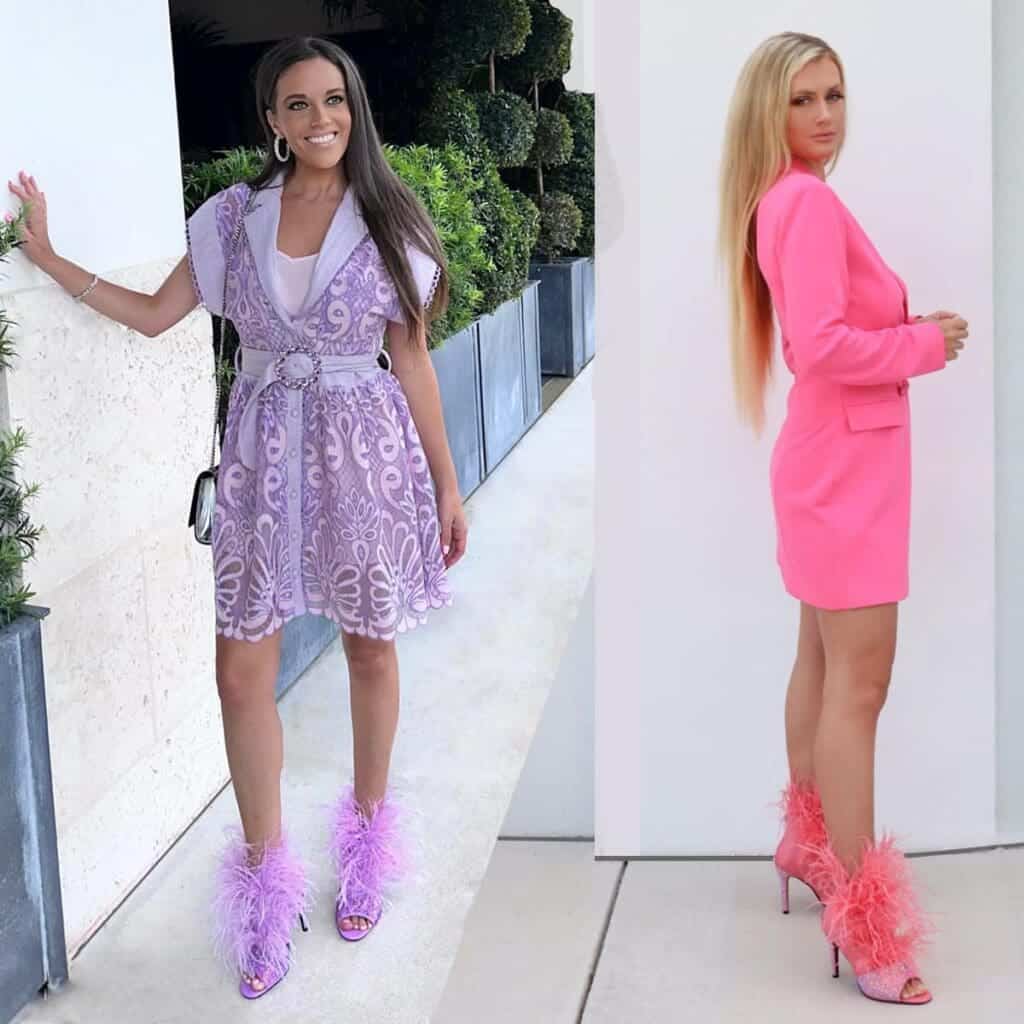 2 female models wearing open toe heels with feathers