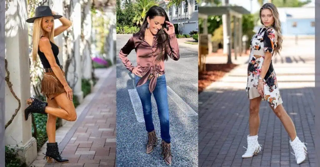 3 models wearing concert festival fashion and SkyStruk Country Skye Hand Braided boots