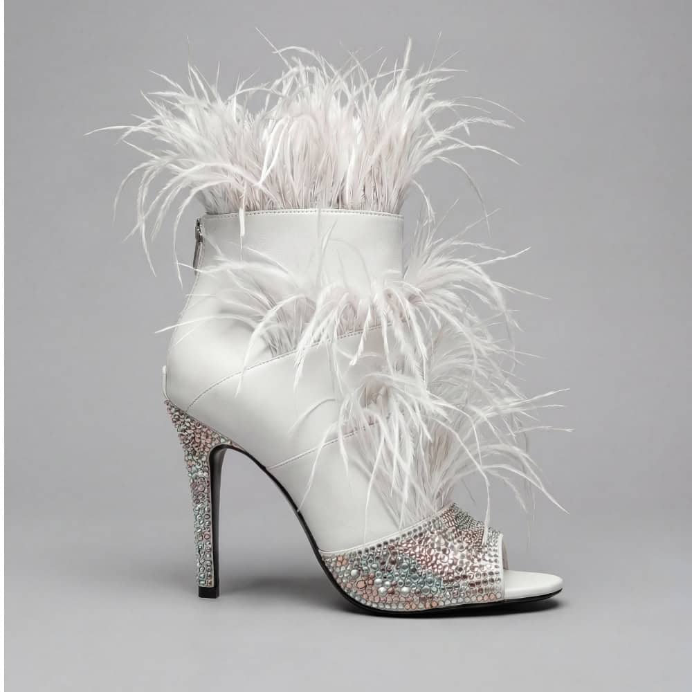 SkyStruk Foxy Open-toe White Stiletto with premium feathers and crystals