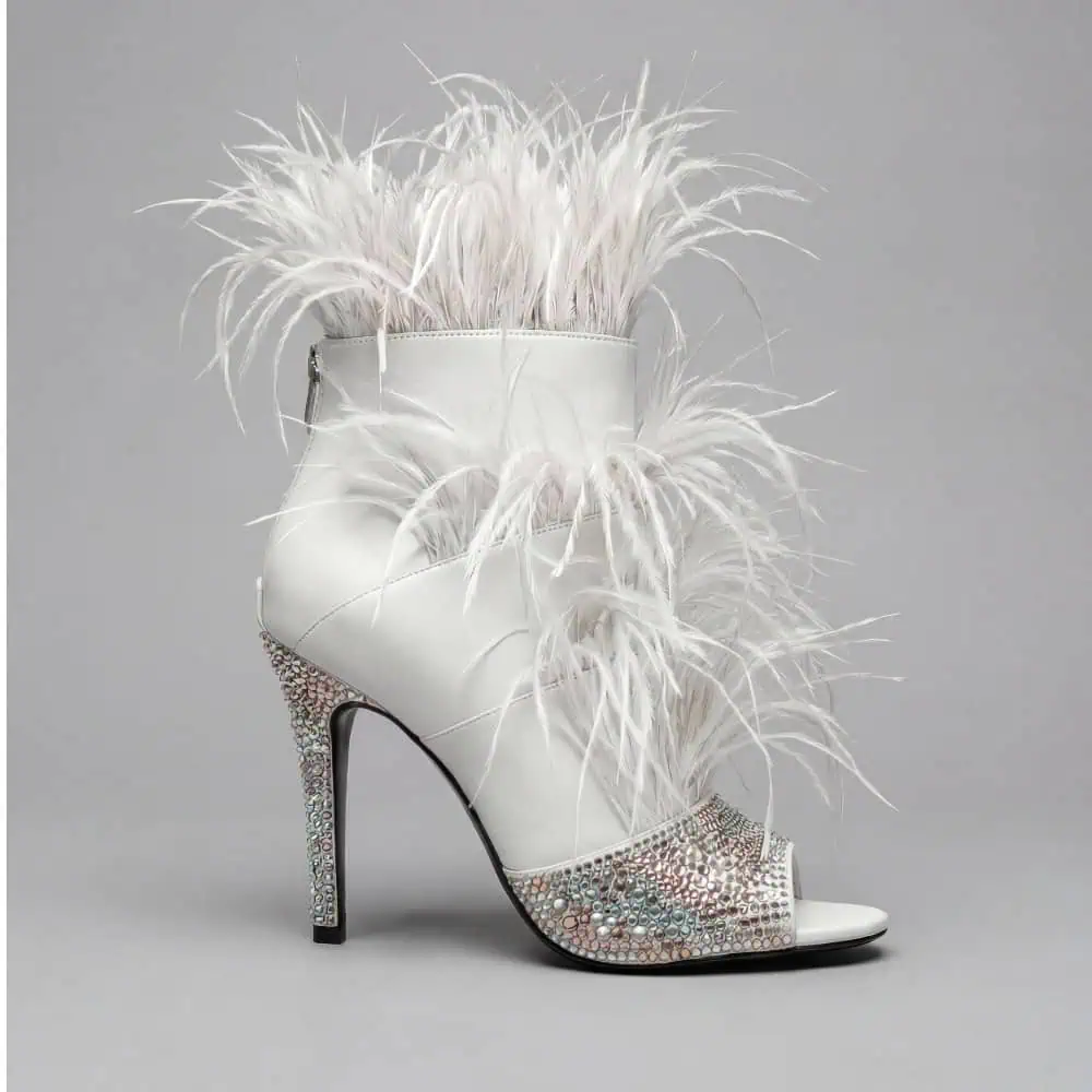 SkyStruk Foxy Open-toe White Stiletto with premium feathers and crystals