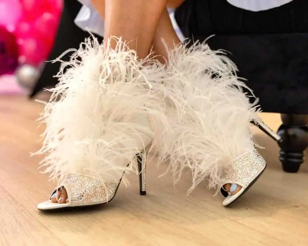 SkyStruk Foxy Open-toe White Stiletto with premium feathers and crystals