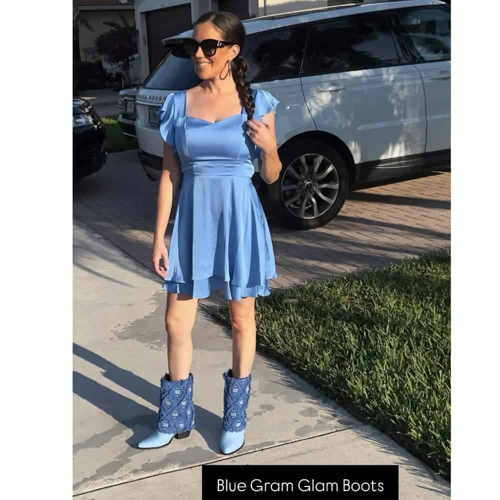 Skylar Porter SkyStruk CEO wearing blue dress with Gram Glam Blue Boots