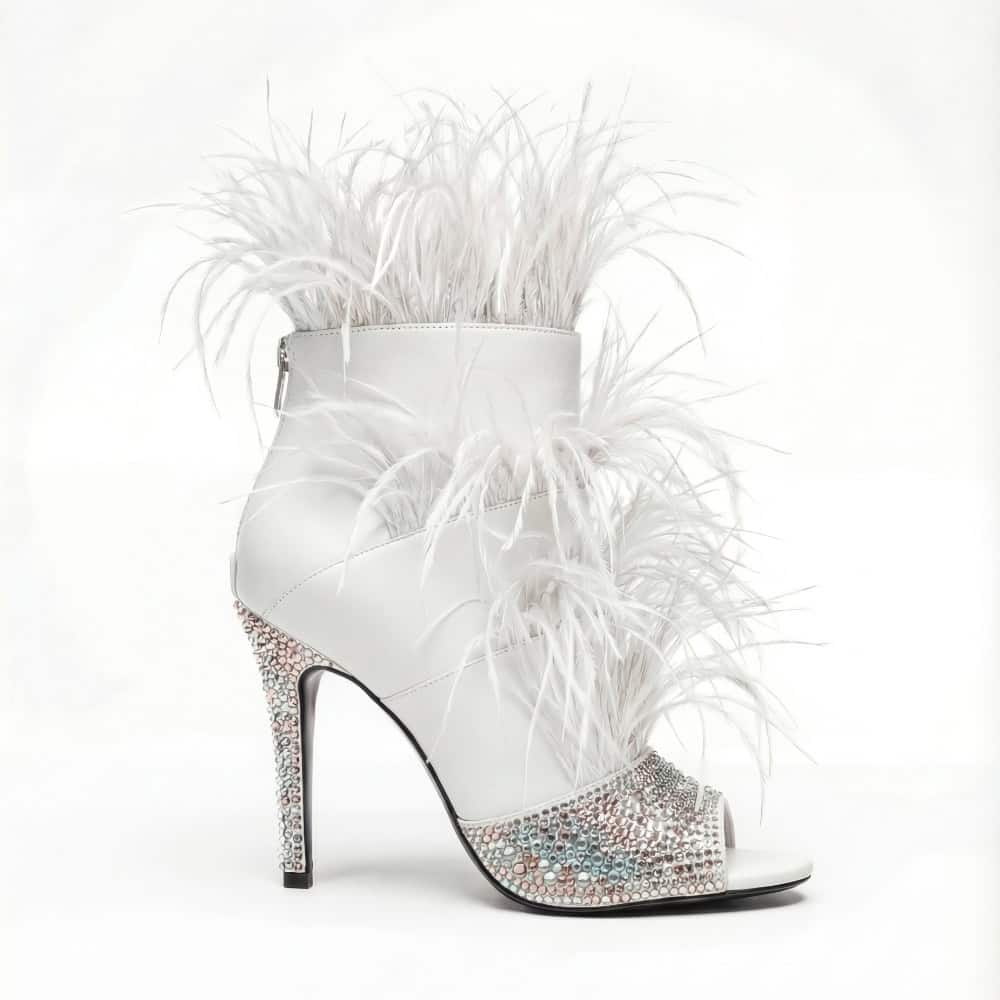 SkyStruk Foxy Open-toe White Stiletto with premium feathers and crystals
