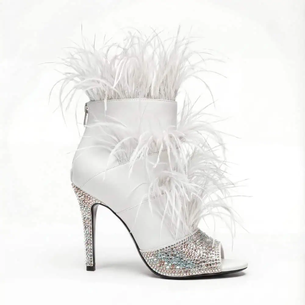 SkyStruk Foxy Open-toe White Stiletto with premium feathers and crystals
