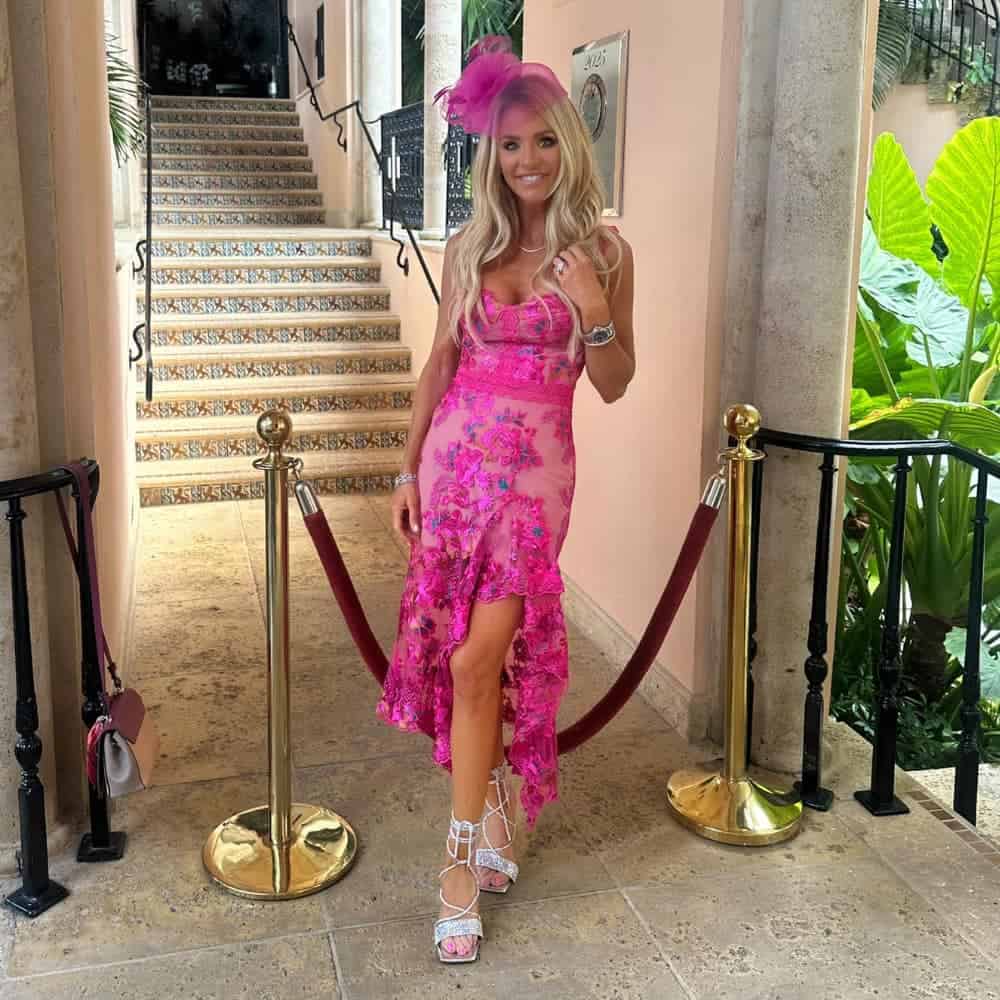 dressed for the Kentucky Derby, hat, flowing dress and SkyStruk Stiletto heels