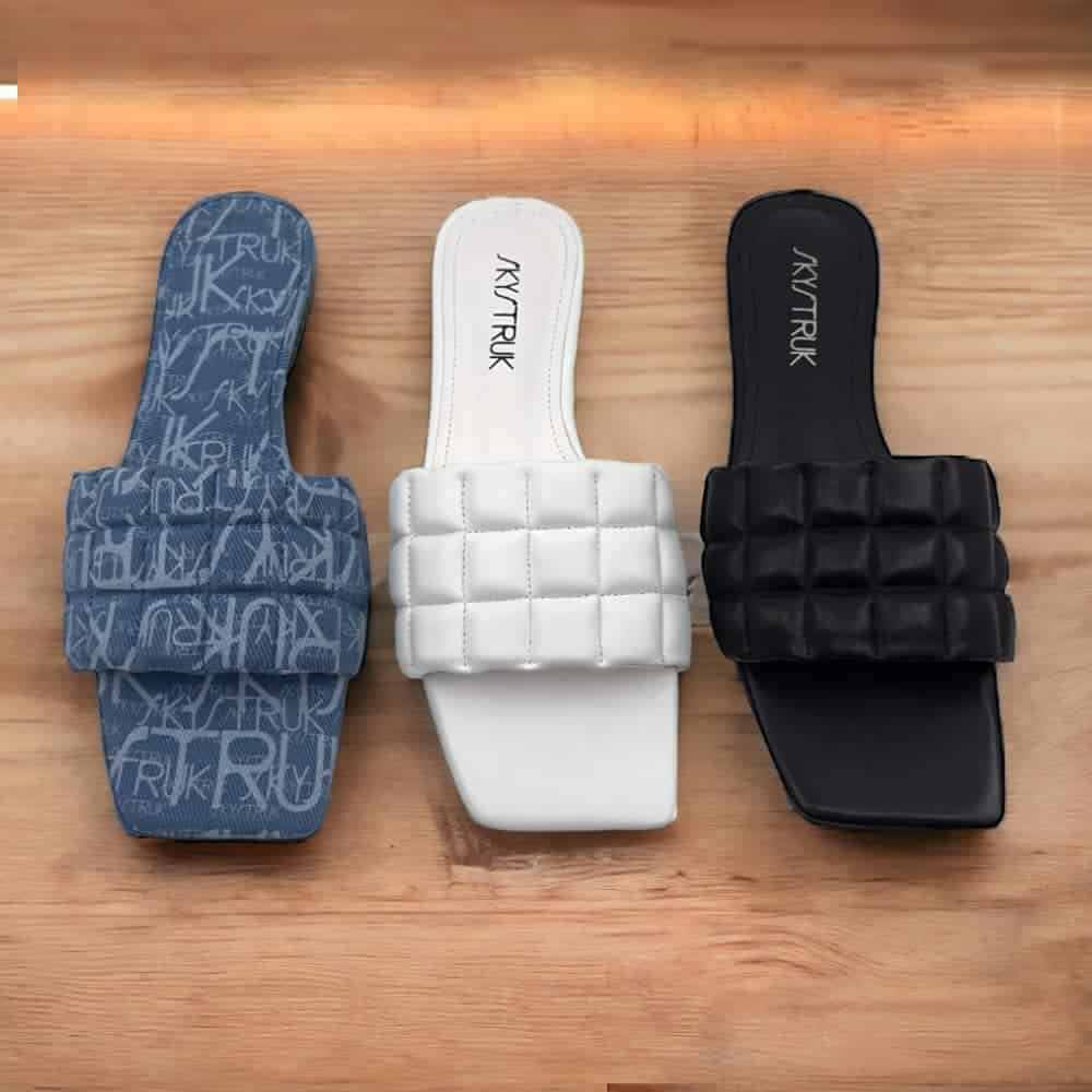 The Skylar: Denim, White and Black Leather Flat Mules, Open-Toe Sandals