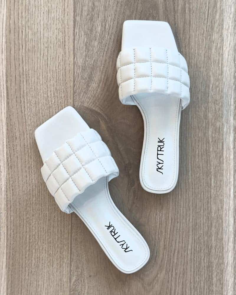 Skylar: White Leather Flat Mules, Open-Toe Backless Sandals