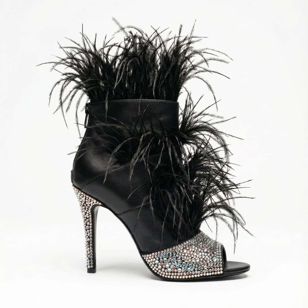 The Foxy Open-Toe Black Stiletto with Premium Feathers