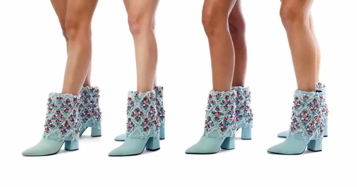 4 legs of girls wearing the same SkyStruk Dainty Darling Bootie, concept of Labor Day Fashion
