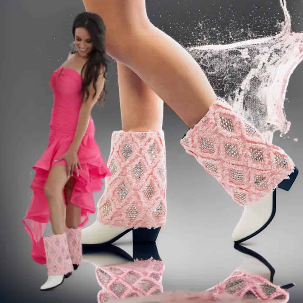 Skylar in the SkyStruk pink and white Gram Glam boots, concept of Girls Just Want To have Fun