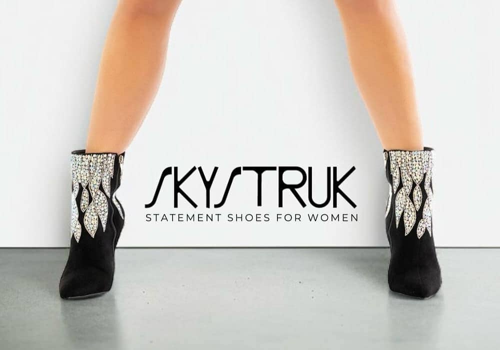 womens legs with stilletto heels with crystals, wording SkyStruk Statement shoes for women