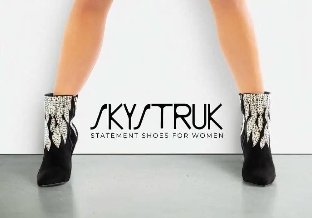 womens legs with stilletto heels with crystals, wording SkyStruk Statement shoes for women